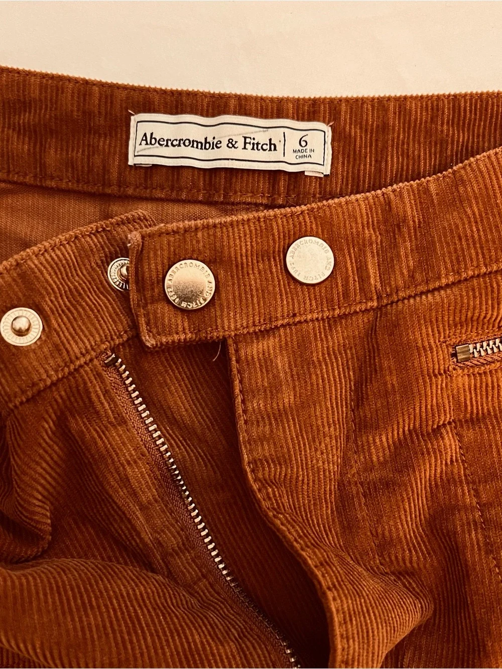 Abercrombie & Fitch Rust Brown Corduroy Mini Skirt with Silver Zipper Detail